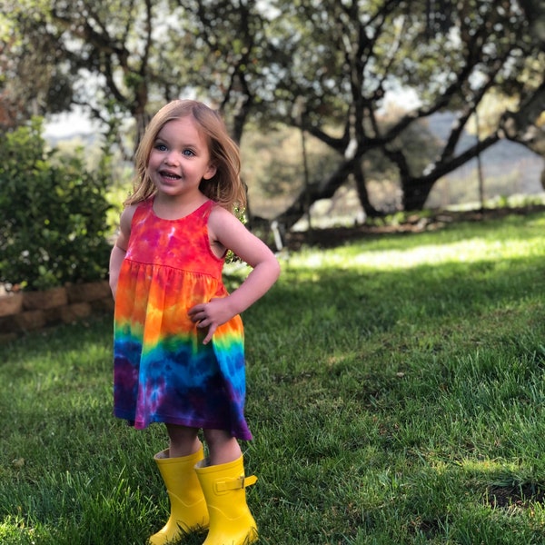 Little Girls Rainbow Dress, Unique Tie Dyed Dress, Hand Dyed Baby Shower Gift, Ice Dyed Headband, Hippie Boho Baby, Toddler Birthday Gift