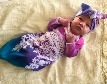 Tie Dyed Infant Coming Home Clothing, Hand Dyed Newborn Gown, Boho Tie Dye Baby Girl Outfit