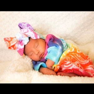 Newborn Girl Rainbow Tie Dyed Sleeper, Hand Dyed  Gown, Boho Hippie Baby Clothes, Infant Coming Home Outfit, Knot Bow Headband, Handmade