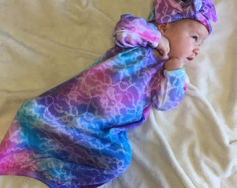 Newborn Girl Coming Home Outfit, Infant Gown, Hand Dyed Tie Dye Sleeper, Unique New Baby Gift, Knot Bow Headband, Hippie Boho Clothes
