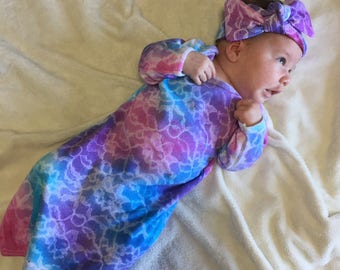 Unquily Hand Dyed Newborn Girl Coming Home Outfit, Tie Dyed Sleeper, Beautiful Baby Shower Gift, Boho Hippie Baby Dress, Bloomers & Headband