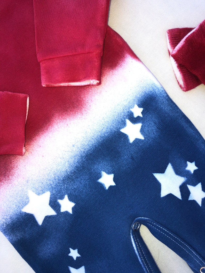Newborn 4th of July Romper Tie Dyed Sleeper Knot-bow Headband Stars and Stripes Coming Home Outfit Boho Baby Beanie Infant Memorial Day
