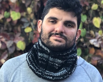 Alpaca And Wool Scarf For Men, Hand Knit Cowl Scarf, Black Snood, Ships Next Day