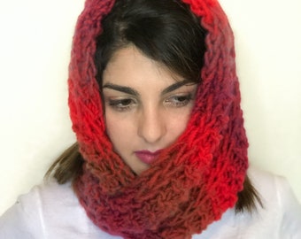 Cowl Scarf For Women, Red Wool Scarf, Ships Next Day, Chunky Snood