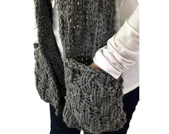 Handgestrickter grobstrick grauer Taschenschal, Damen Vegan Acrylschal
