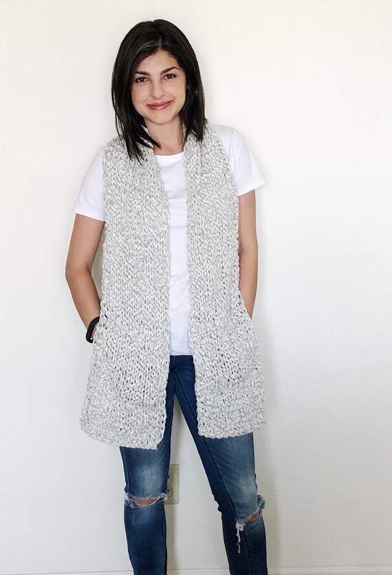 Scarf With Hand Pockets On The Side, Chunky Hand Knit Scarf With Pockets, Gray And White Pocket Scarf