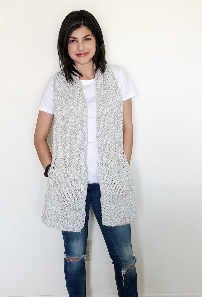 Long gray and white scarf with pockets