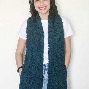 This scarf is also available in teal (shown here) and lemongrass green.