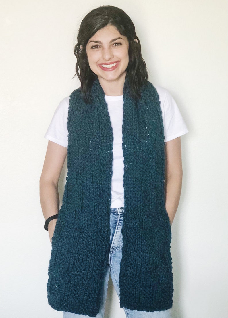This scarf is also available in teal (shown here) and lemongrass green.