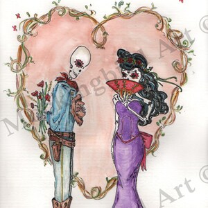 Tag der Toten Verliebten Valentinstag Sugar Skulls Amore Dios de Los Muertos 20 x 10 Druck oder Notizkarte 5 x 7 oder 4,25 x 5,5, Hochzeit, Jahrestag