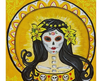 Day of the Dead Dia de los Muertos sugar skull Mucha lovers art Nouveau Catrina yellow lily flowers aztec Card or 8x10 , 5x7 matted prints