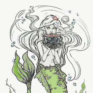 Sirena con carta de tarot de café Sota de Copas doncella del mar 5 X7 Impresión de bellas artes en tablero mate negro de 8 x 10 con respaldo