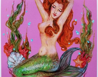 Mermaid pinup in her ocean boudoir, lovely sea maiden 5 X7 Fine art print in black 8 x 10 matte board with backing