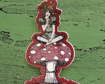 Poison witch stickers! Good Witch and her helper frog ponder the next batch of mushrooms to plant -add to water bottle laptop phone case car