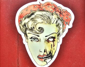 Rockabilly retro housewife pin-up zombie stickers!!! scary half skull zombie mom add to water bottle,laptop, phone case , or car