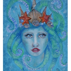 Oktopus Haar ""Blue Sirene"" Naturliebhaber Ozean und Meer Schwestern & Meerjungfrau Freunde Kunst Geschenk 8 x 10 Druck oder Karte von Original Ölgemälde."