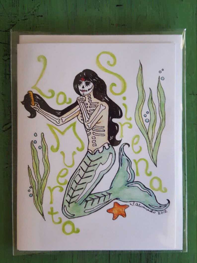 ocean lovers day of the dead mermaids sugar skulls sea nymphs dia de los muertos Mermaid Lovers Art set of 2 note cards las sirenas