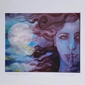 Cabelo preto azulado beleza lua cheia nuvens noite estrelada "Boa noite lua" amante da natureza irmãs arte presente impressão 8x10 ou cartão de pintura original