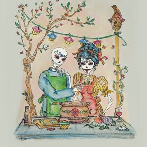 Day of the Dead Lovers Dinner, Día De Los Muertos Druck!!! Paare und Liebhaber kochen zusammen im Freien Terrasse