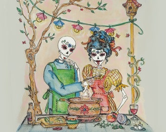 Day of the Dead Lovers Dinner, Día De Los Muertos print!!! couples and lovers cooking together outdoor patio