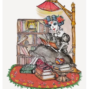 Tag der Toten Dia de los Muertos Zuckerschädel Buchliebhaber Bibliothek Catrina Kaffee Tee so viel Lesen zu tun! Karte oder 8x10, 5x7 mattierter Druck