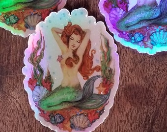 Mermaid pin-up sea maiden nymph boudoir stickers! holographic die cut 3x2.5 beach ocean sea lovers add to car, water bottle, phone case