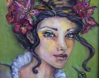 floral portrait with hummingbird friend "Springtime" is an original oil on canvas with gold leaf distressed vintage frame