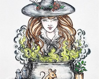 Kitchen witch with familiar mouse, magic it the kitchen. 5 X7 FIne art print in black 8 x 10 matte