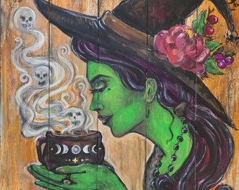 Witch's Brew dark roast coffee- print of original painting on wood  5 X7 Fine art print in black 8 x 10 matte