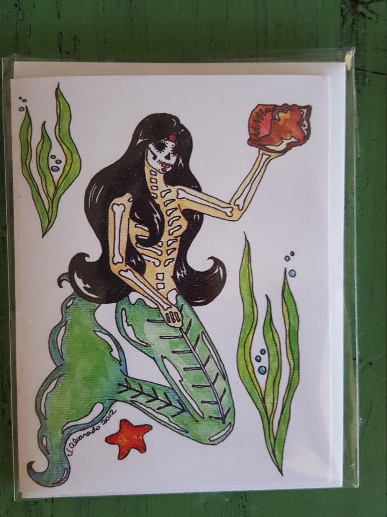 ocean lovers day of the dead mermaids sugar skulls sea nymphs dia de los muertos Mermaid Lovers Art set of 2 note cards las sirenas