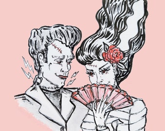 Frankenstein and the Bride 'Made for Each Other' classic horror retro rockabilly lovers 5 X7 Fine art print in black 8 x 10 matte