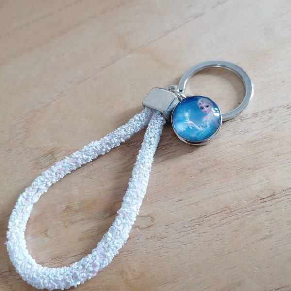 Porte clef Frozen Reine des neiges Disney- dragonne pailletée blanche- personnalisable
