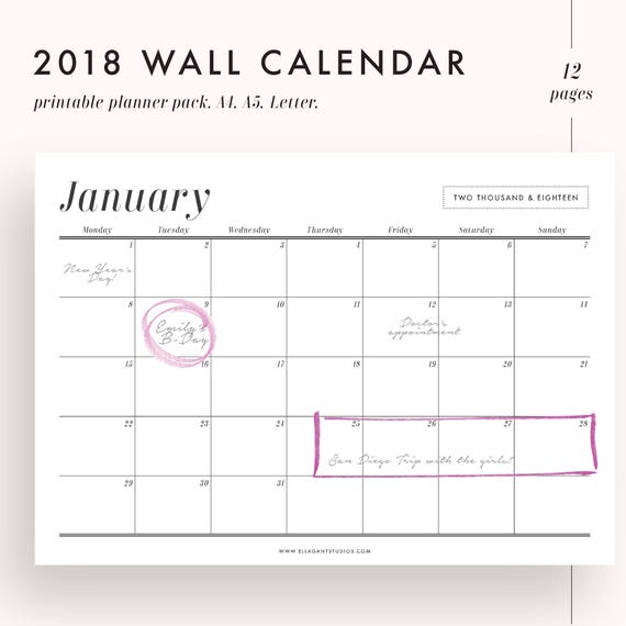 2018 calendar 2018 wall