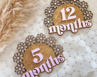 Daisy Baby Monthly Milestone, Boho Milestone Markers, Wooden Monthly Milestone Discs for Baby Photos, Daisy Baby Name, Daisy Rattan Discs