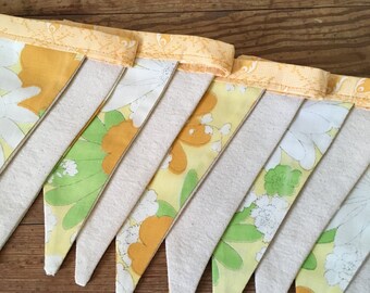 Vintage Floral Fabric Bunting: Upcycled Yellow & Orange Home Decor