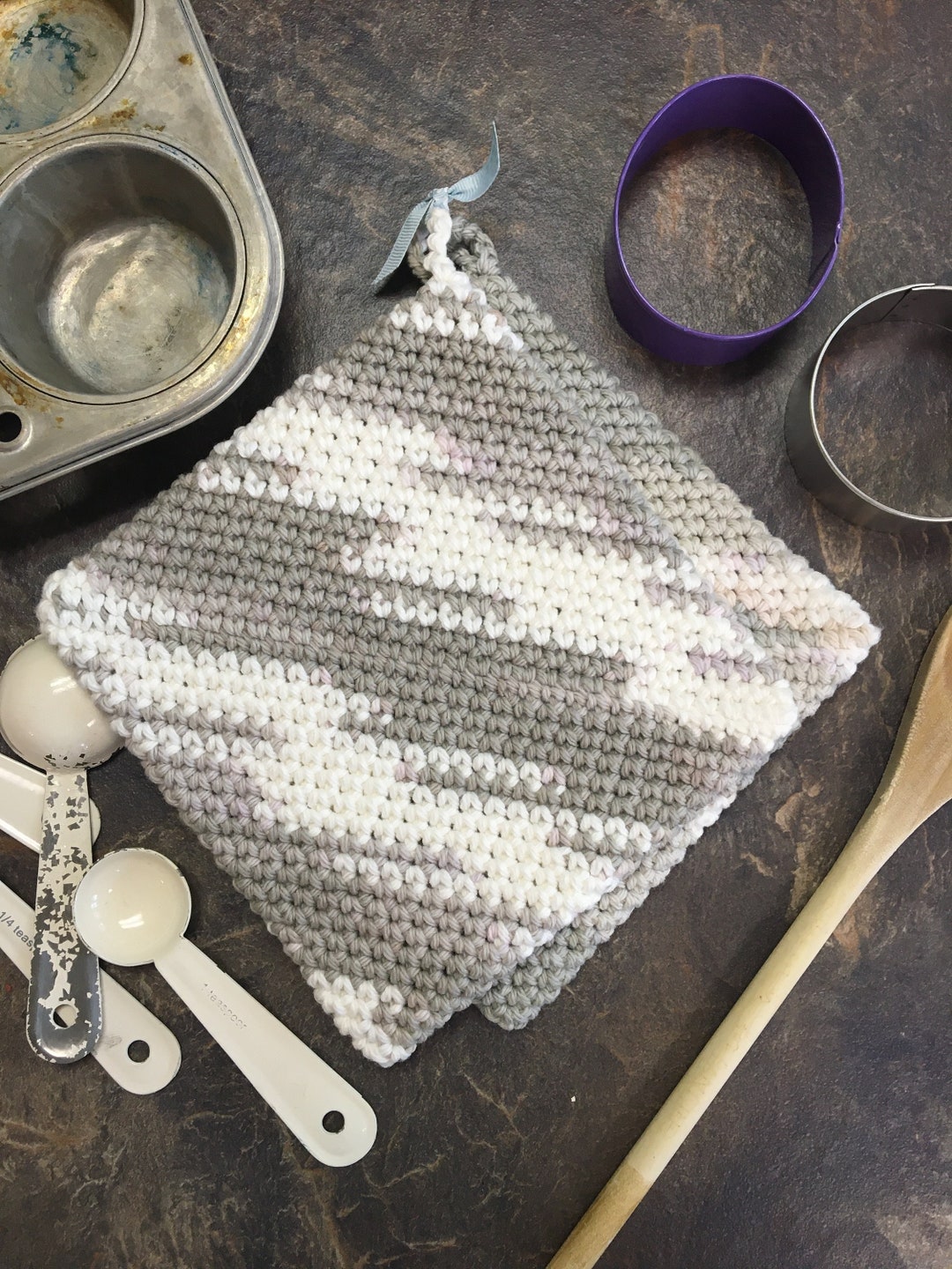 Gray Stripes Crochet Potholder Set Potholder, Trivet, Handmade Crochet