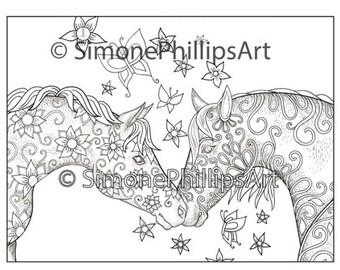 Horse Coloring Page 2 Beautiful Horses Sniffing