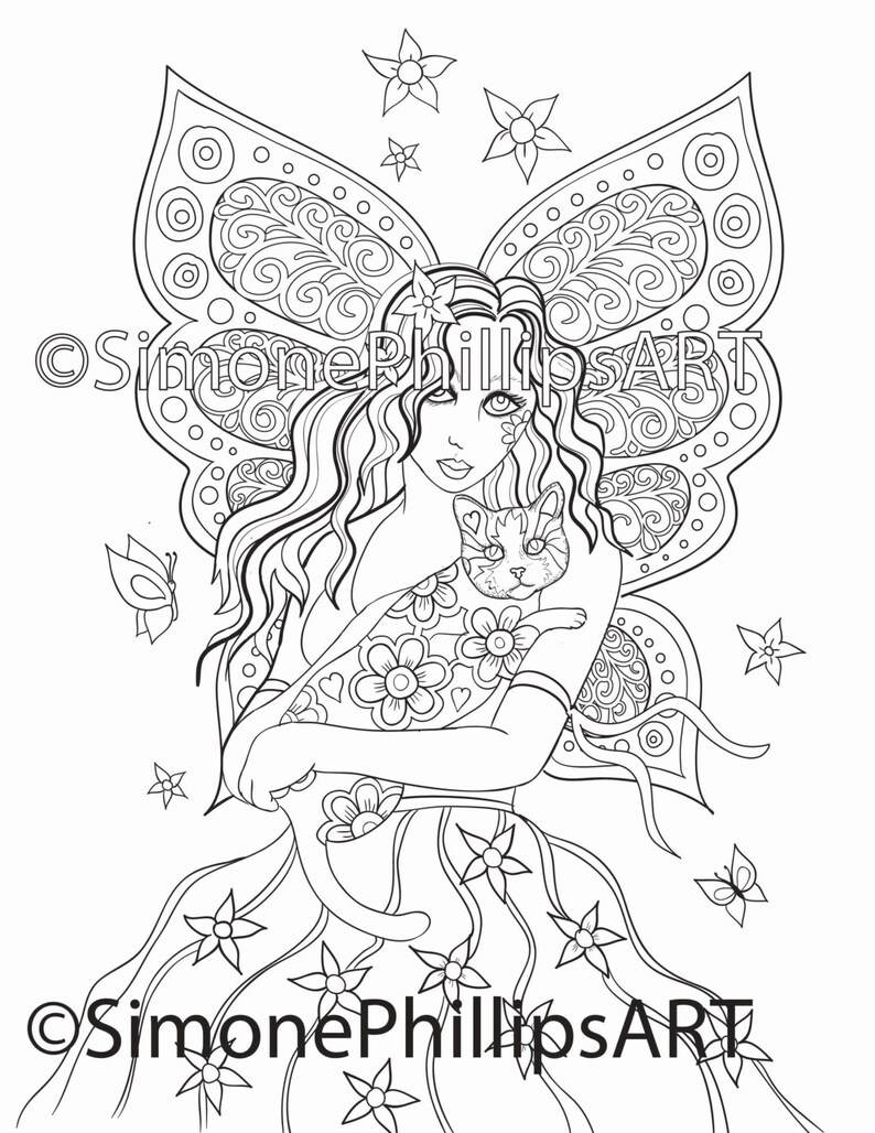 Cat Angel Fairy Coloring page / Digital Stamp | Etsy