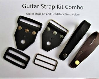 Guitar/Banjo Strap Kit Combo, Leather  Guitar Strap Ends and  Leather Headstock Strap Holder , DIY Guitar Strap Kit