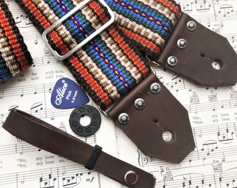 Handwoven Guitar Strap, Banjo Strap, Vintage Style, Quality Leather Ends, Free Leather Headstock Strap Holder or Banjo Adapters