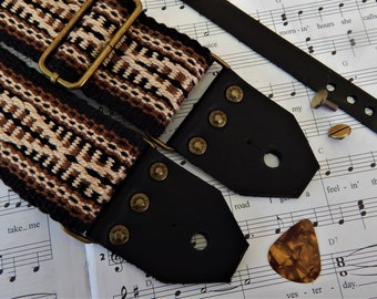 Handwoven Guitar Strap, Woven Guitar Strap, "Diamond Back Rattlesnake Pattern, Free Leather Head Stock Strap Holder or Banjo Adapters