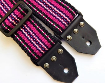 Handwoven Guitar Strap, Banjo Strap, Bohemian Style, Quality Leather Ends, Free Leather Headstock Strap Holder or Banjo Adapters