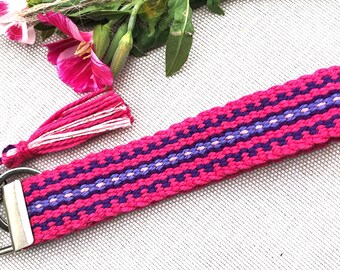 Handwoven Key Chains/Key Fob, Pink and Modern Wristlet Key Chain, Luggage Tag/ID, Small Camera Wrist Strap