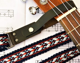 Handwoven Ukulele Strap, Southwestern Colors, Fancy Weave, Free Leather Headstock Strap Holder, No Strap Button Option Available