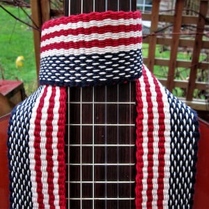 Hand Woven Guitar Strap, Banjo Strap, "American Flag" , Quality Leather Ends, FREE Leather Headstock Strap Holder or Banjo Strap Adapters