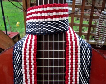 Hand Woven Guitar Strap, Banjo Strap, "American Flag" , Quality Leather Ends, FREE Leather Headstock Strap Holder or Banjo Strap Adapters