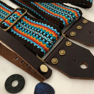 Handwoven Guitar Strap, Banjo Strap, Vintage Style, Quality Leather Ends, Free Leather Headstock Strap Holder or Banjo Adapters