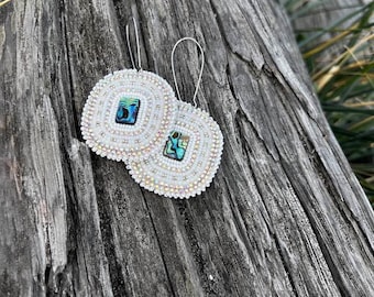 White and Silver Abalone Beaded Earrings Native made