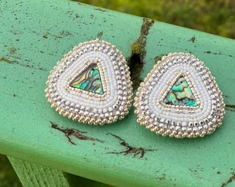 White Triangle Abalone Stud Beaded Earrings Native American Beaded Indigenous Made