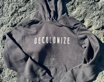 Decolonize (Tan) Black Unisex Sweatshirt (District Perfect Weight Fleece) Native American Indigenous